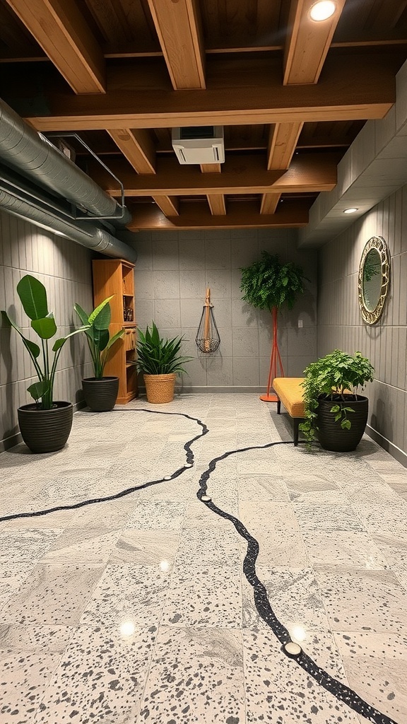 A basement with colorful graphic epoxy flooring and a pool table