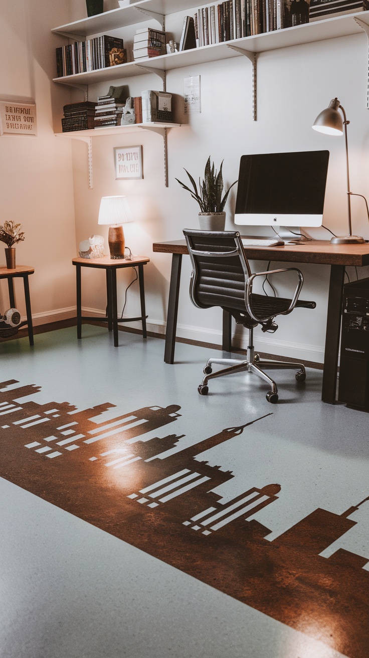 A person applying light gray epoxy floor in a garage, showcasing a clean and polished look.