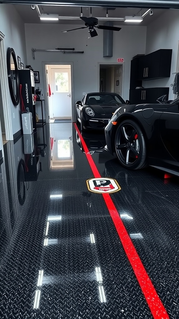A luxury garage with a black epoxy floor featuring a red inlay, showcasing two cars.