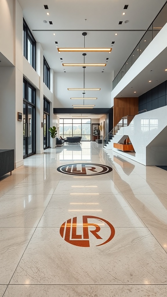 A modern lobby featuring an epoxy concrete floor with custom logos, showcasing sleek design and elegance.