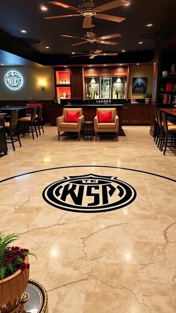 Custom epoxy floor with logo design in a stylish home bar setting