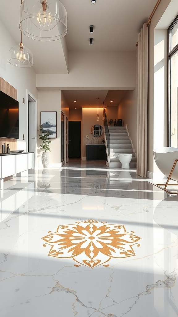 A modern living space featuring a glossy epoxy floor with a custom logo design at the center.