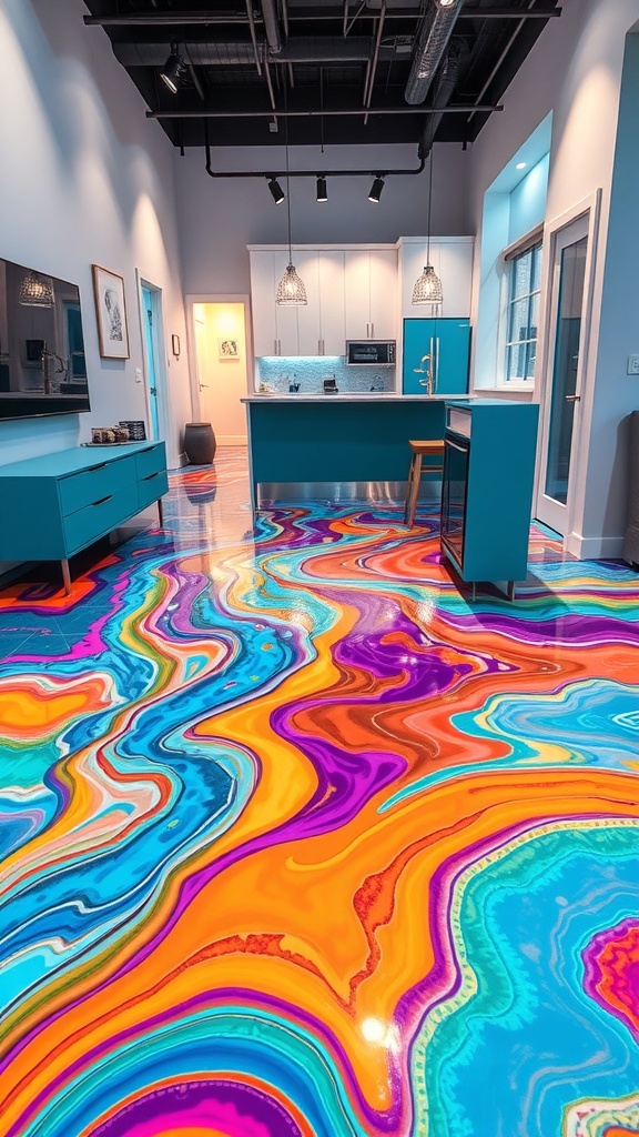 Colorful epoxy floor design featuring vibrant swirls and patterns