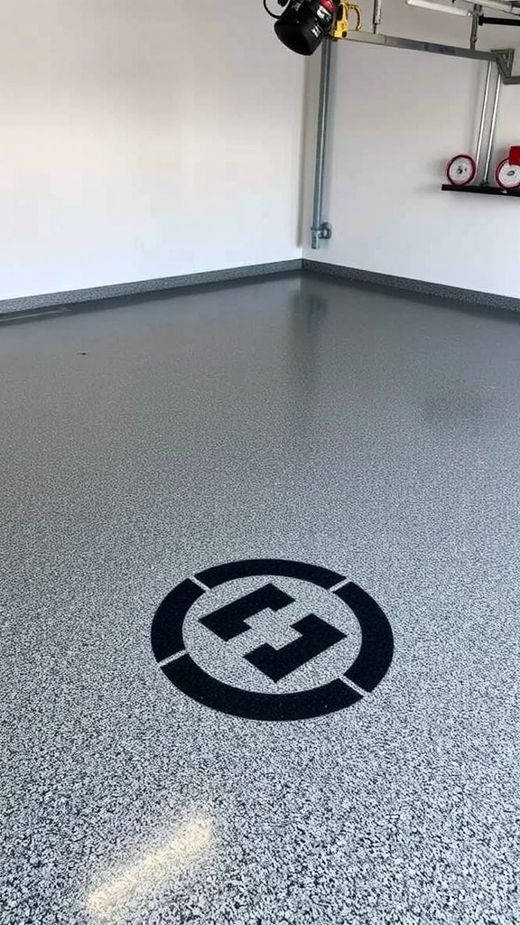 A garage floor featuring a custom logo design embedded in glossy epoxy flooring.