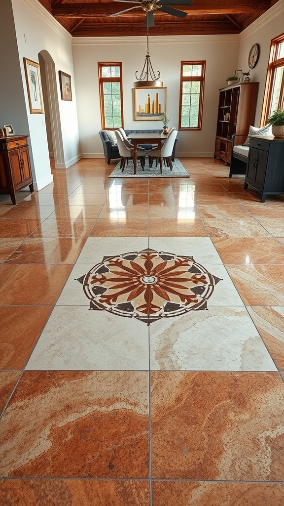 Custom epoxy floor featuring a logo design in a stylish interior setting