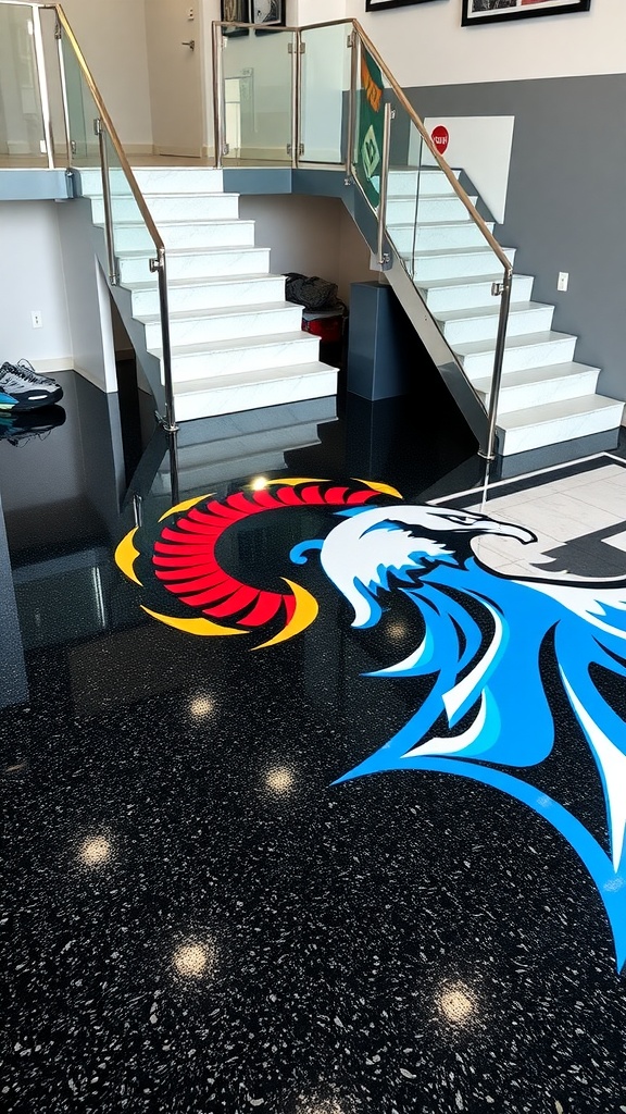 Custom logo design on a glossy black epoxy floor featuring vibrant colors, with stylish resin stairs in the background.