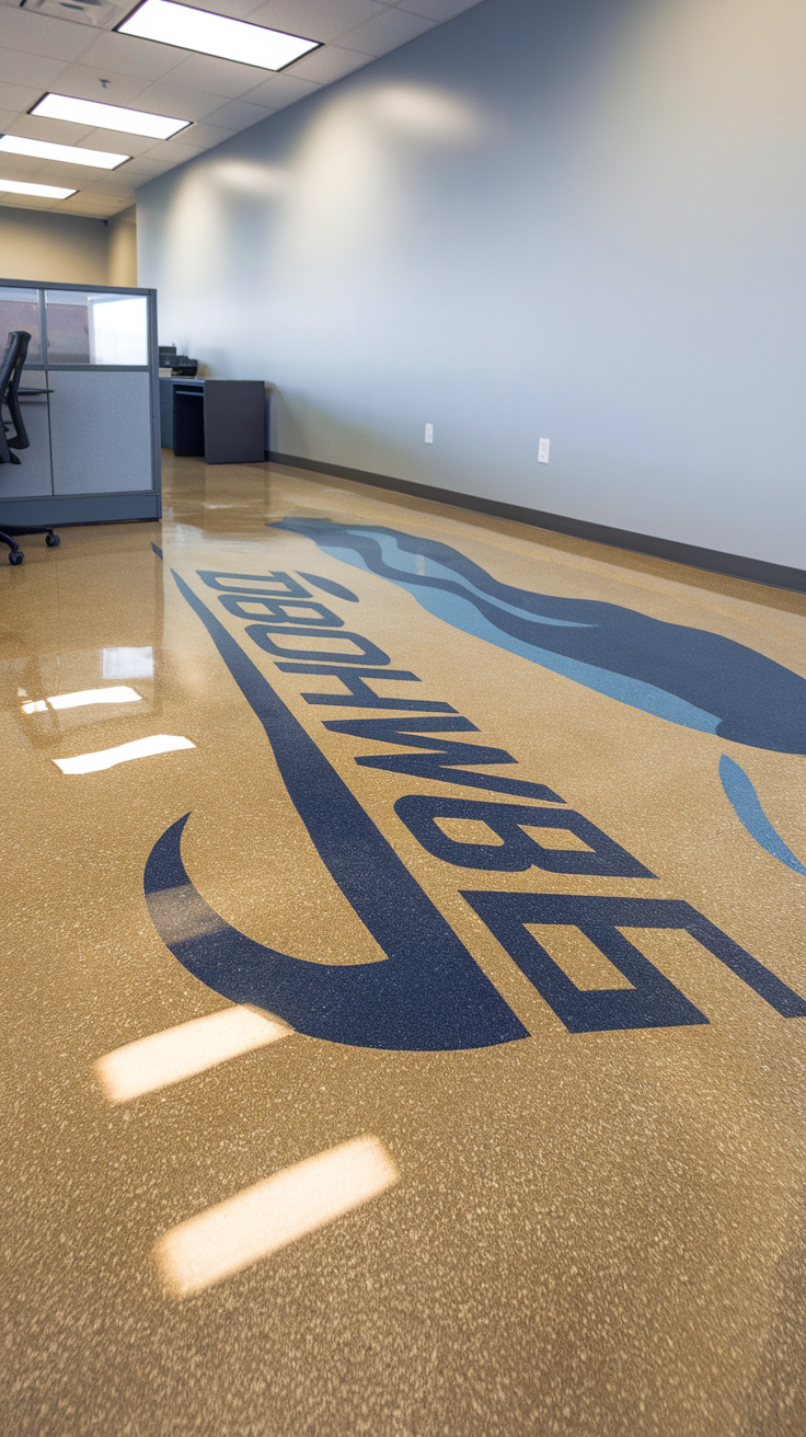 Custom logo embedded epoxy floor in an office setting