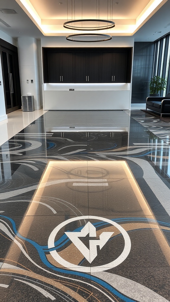Interior with custom logo embedded epoxy flooring, featuring flowing designs and branding.