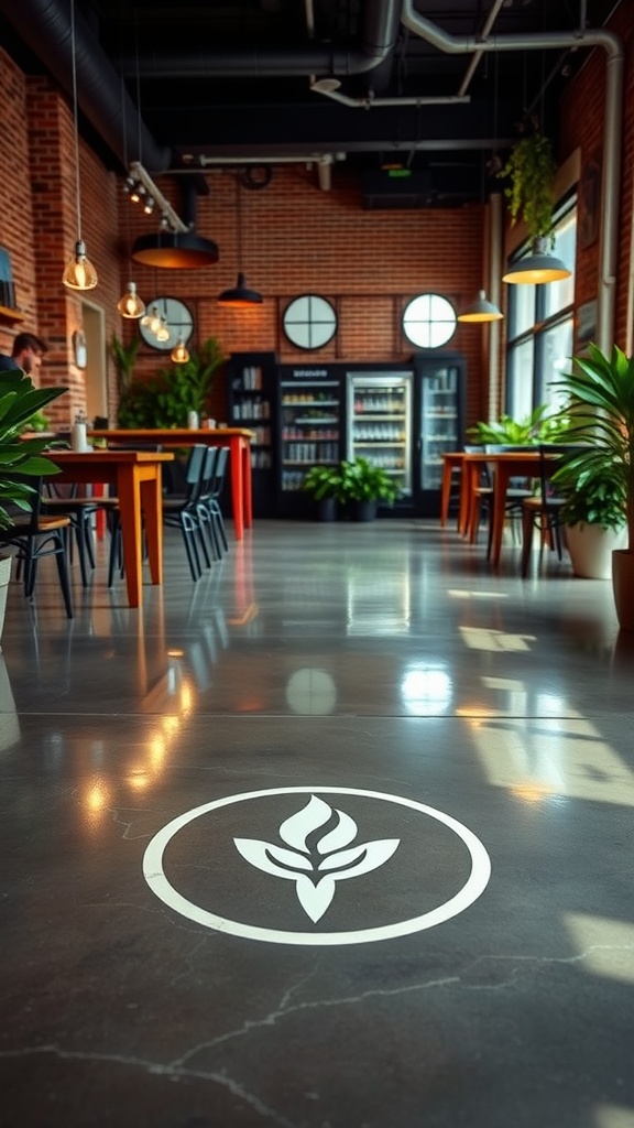 A stylish interior with a custom logo embedded in the epoxy floor, showcasing modern design elements.
