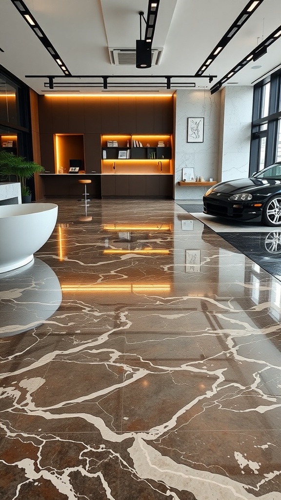 A luxurious living space with custom logo embedded epoxy flooring, showcasing a modern design aesthetic.