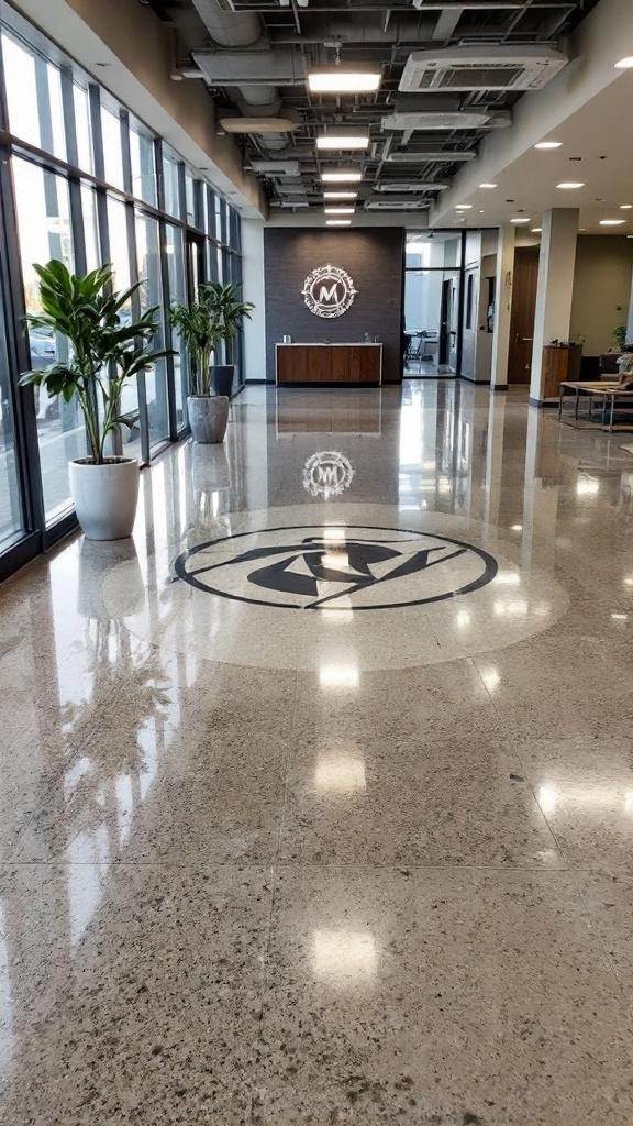 A modern lobby with a polished epoxy floor featuring a custom logo at the center, surrounded by plants and large windows.