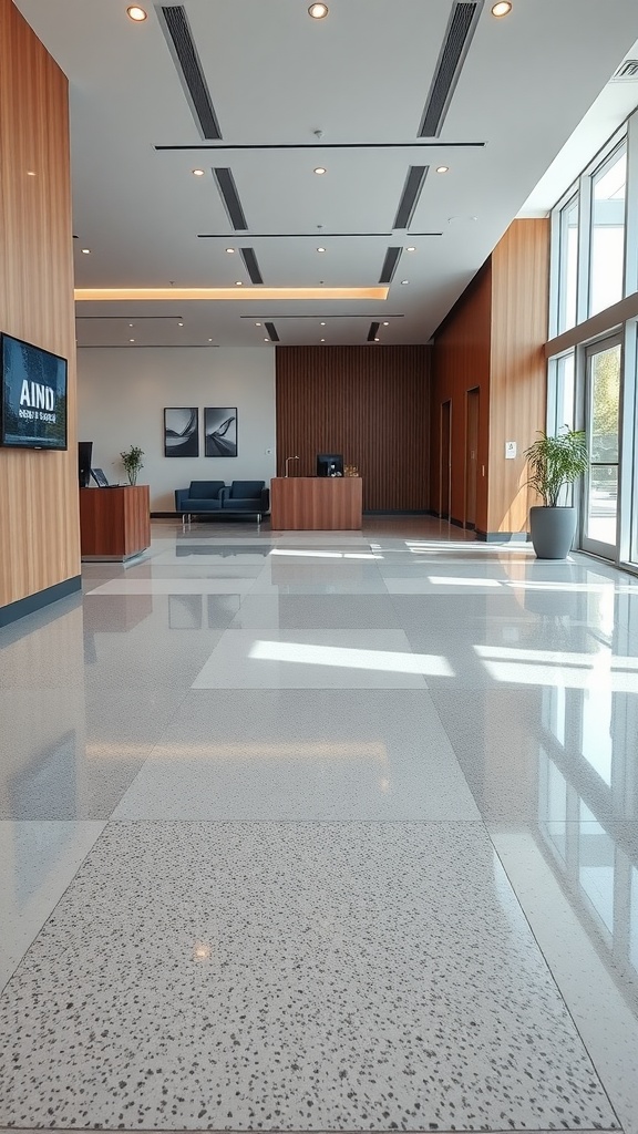 Custom logo embedded in a black marble epoxy floor