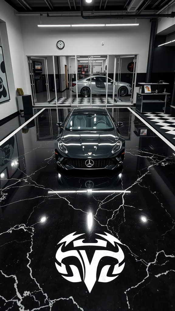 A stunning black marble epoxy floor with a custom logo, featuring a sleek car in a modern garage showroom.