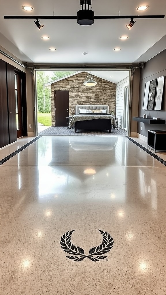Custom epoxy floor with a logo embedded in a modern living space.