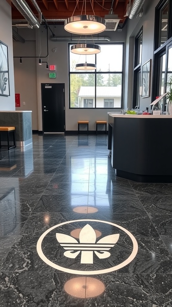 Custom epoxy floor design featuring a koi fish surrounded by waves.