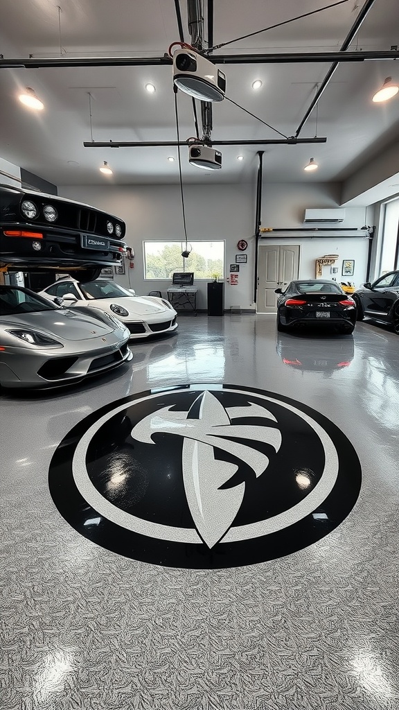 Luxury garage interior featuring custom logo epoxy flooring with parked cars