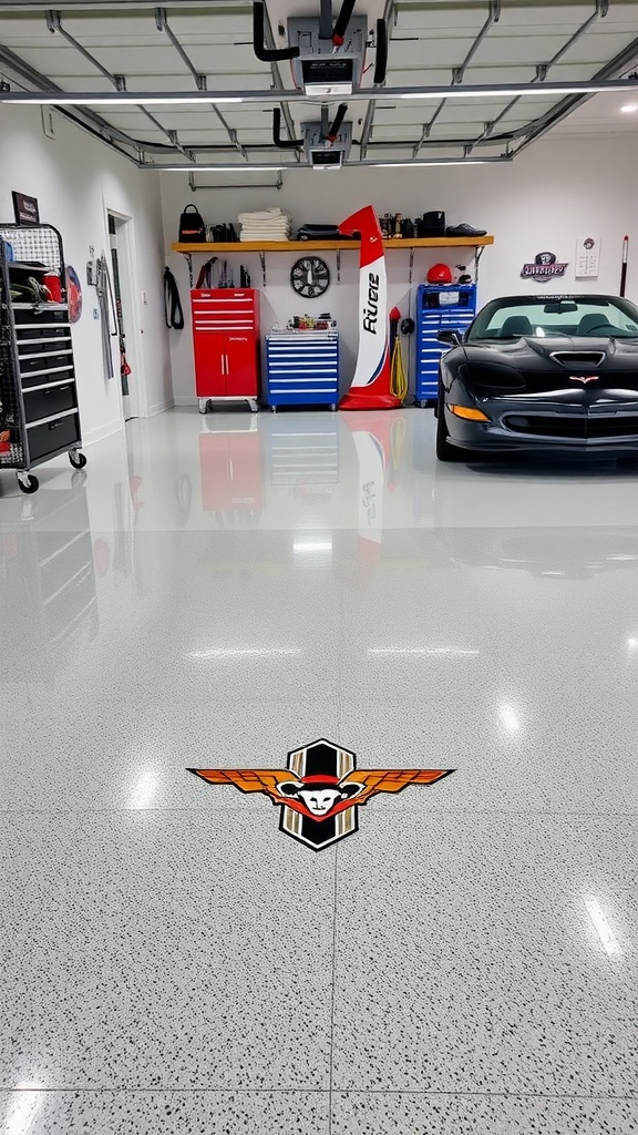 A garage floor with a custom logo and epoxy design, featuring a stylish black and gray pattern.