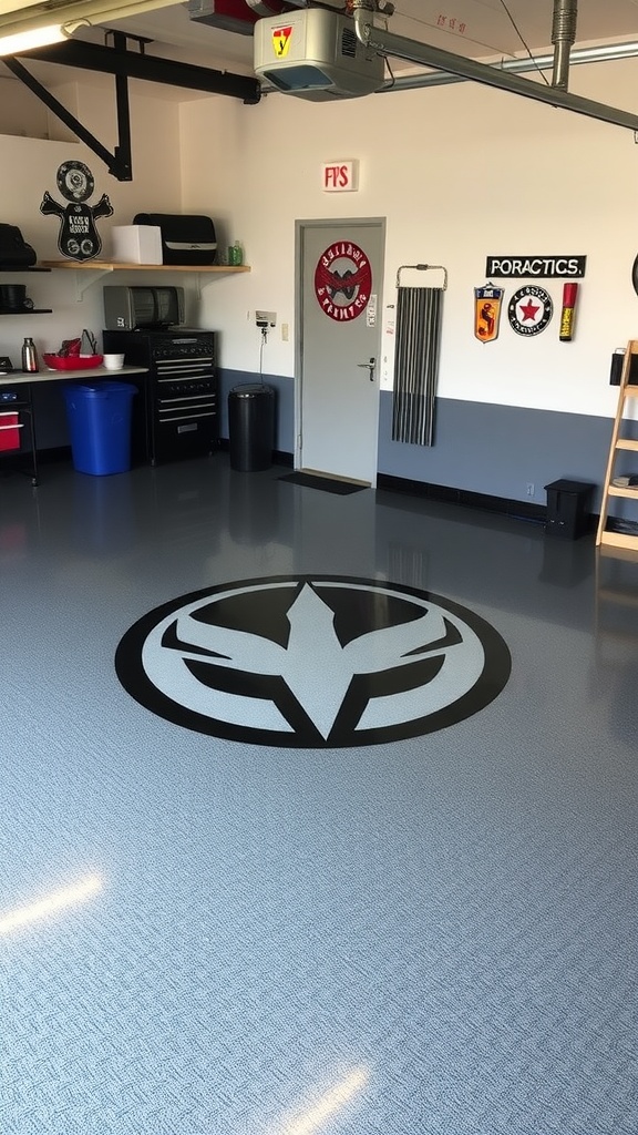 A well-designed epoxy garage floor featuring custom logos and patterns with a sleek black car parked on it.