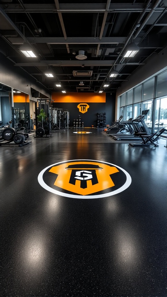 A gym interior featuring black flooring with a bold logo design in orange and white.
