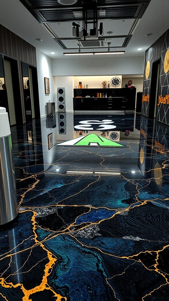 Custom logo epoxy flooring featuring a blue and black design with a logo in the center