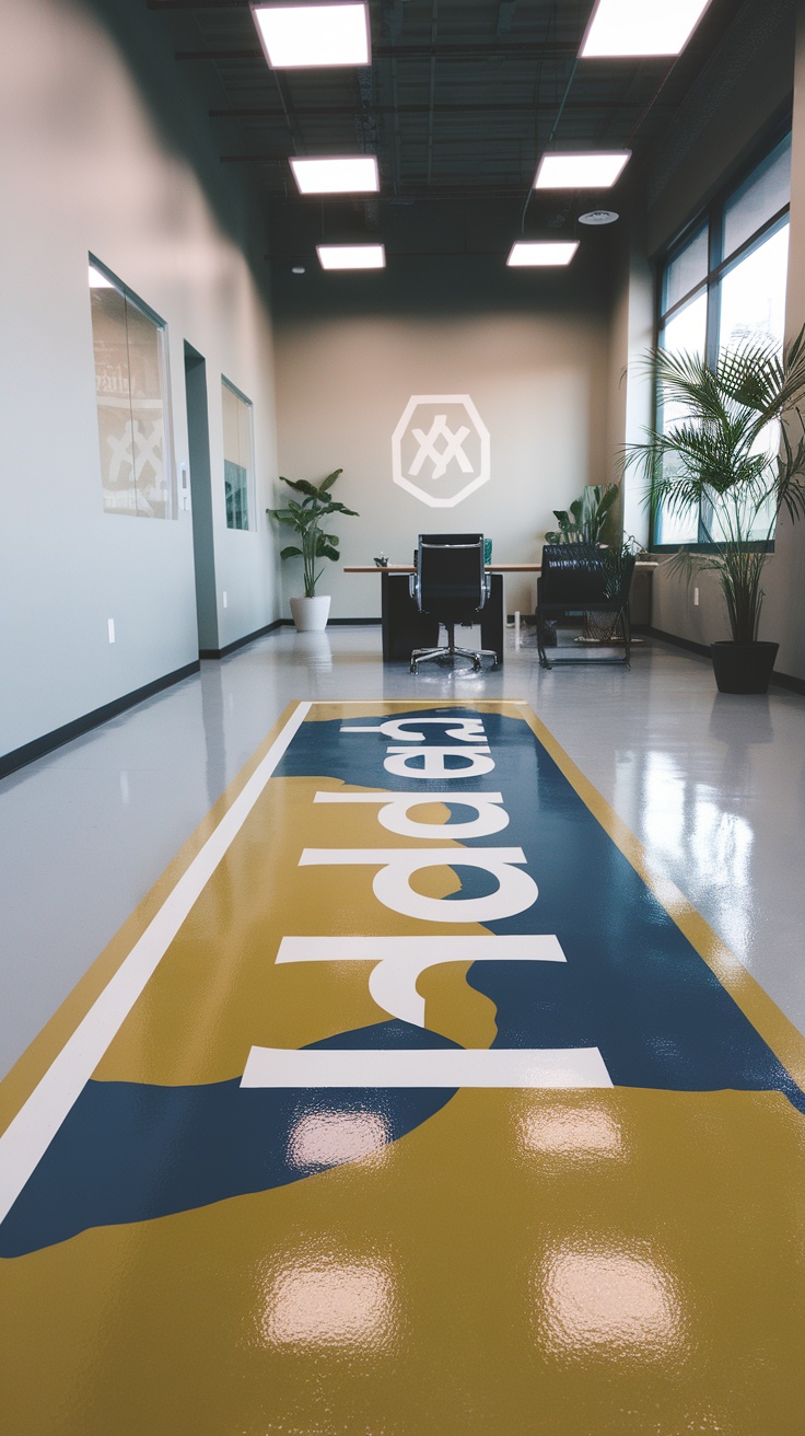 Custom logo epoxy flooring in a modern office setting with a blue background and white text.