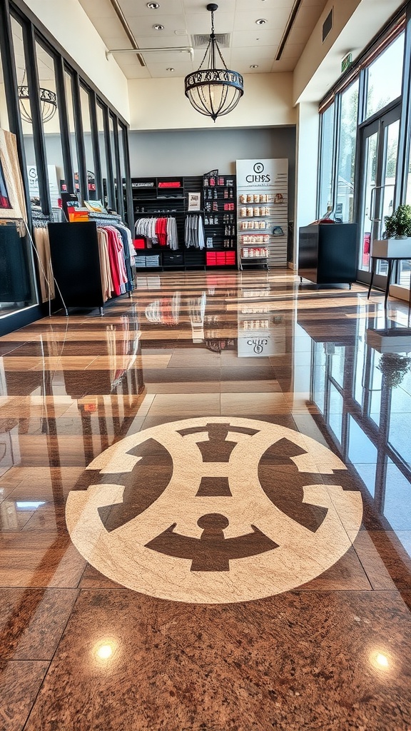 Epoxy floor featuring a custom logo in a retail space