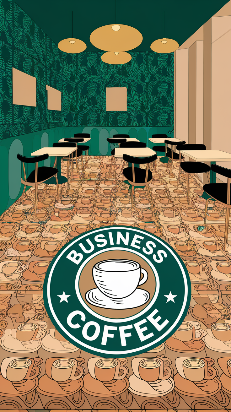 A cafe interior featuring a custom logo epoxy floor with coffee cup designs.