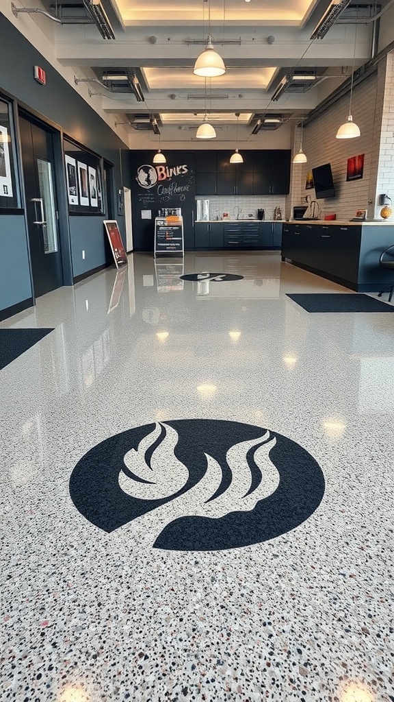 A spacious room with an epoxy floor featuring a custom logo design in the center.