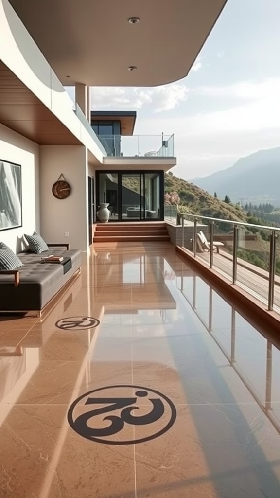 Custom logo epoxy floor in a modern hillside home, showcasing a sleek design and beautiful views.