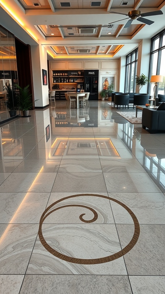 A modern lobby with polished epoxy flooring featuring a custom logo design