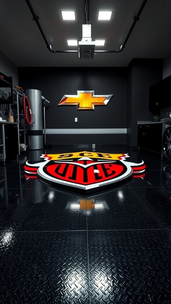 Custom logo epoxy floor in a luxury garage featuring a Chevrolet emblem and a shiny black finish.