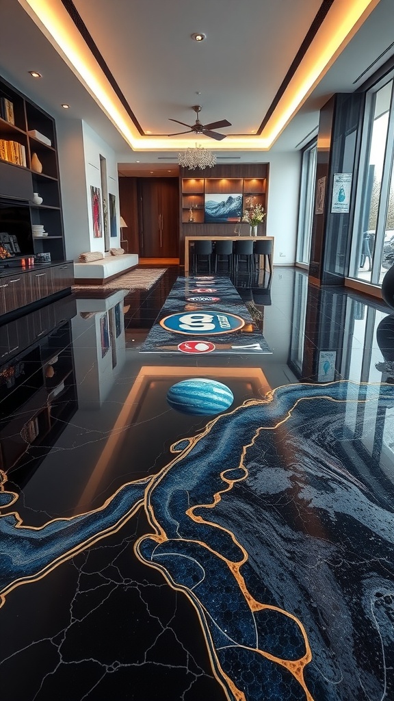 Custom logo epoxy floor design featuring vibrant colors and artistic elements in a modern business space.