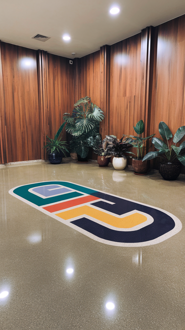 Custom logo epoxy floor design in a modern business setting