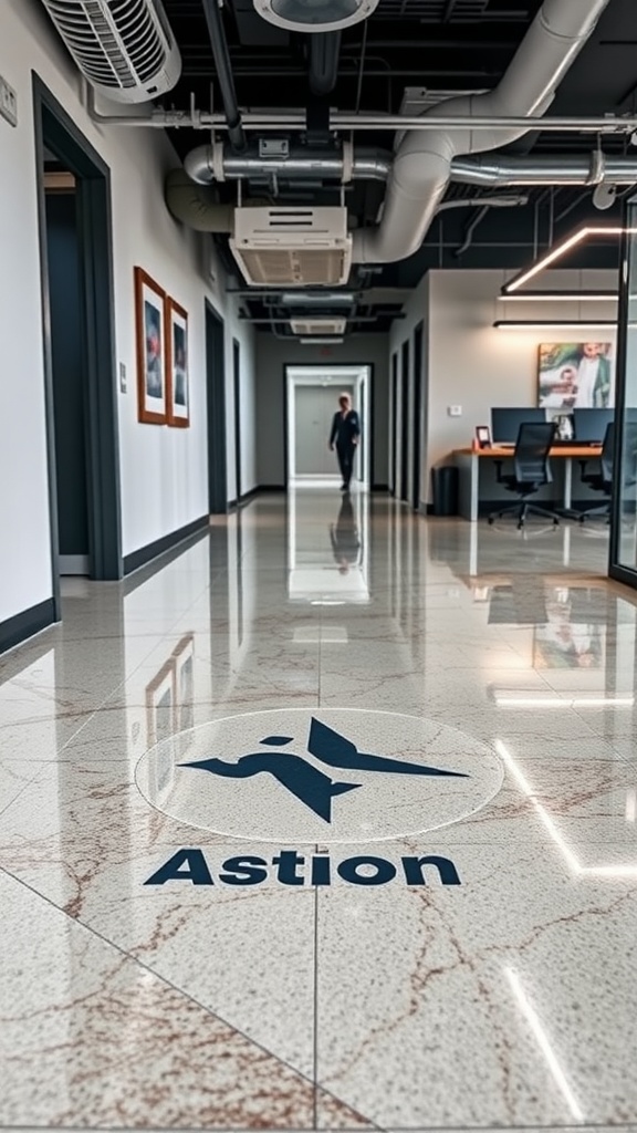 Modern interior featuring a custom logo epoxy floor design.