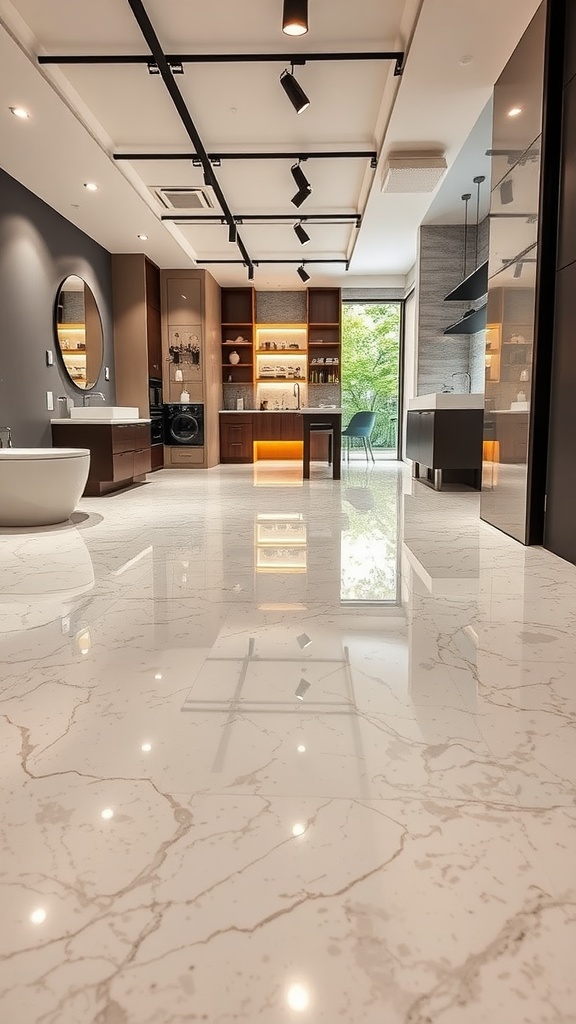 A modern room with a shiny marble epoxy floor and custom logo, featuring stylish furniture and a bright environment.