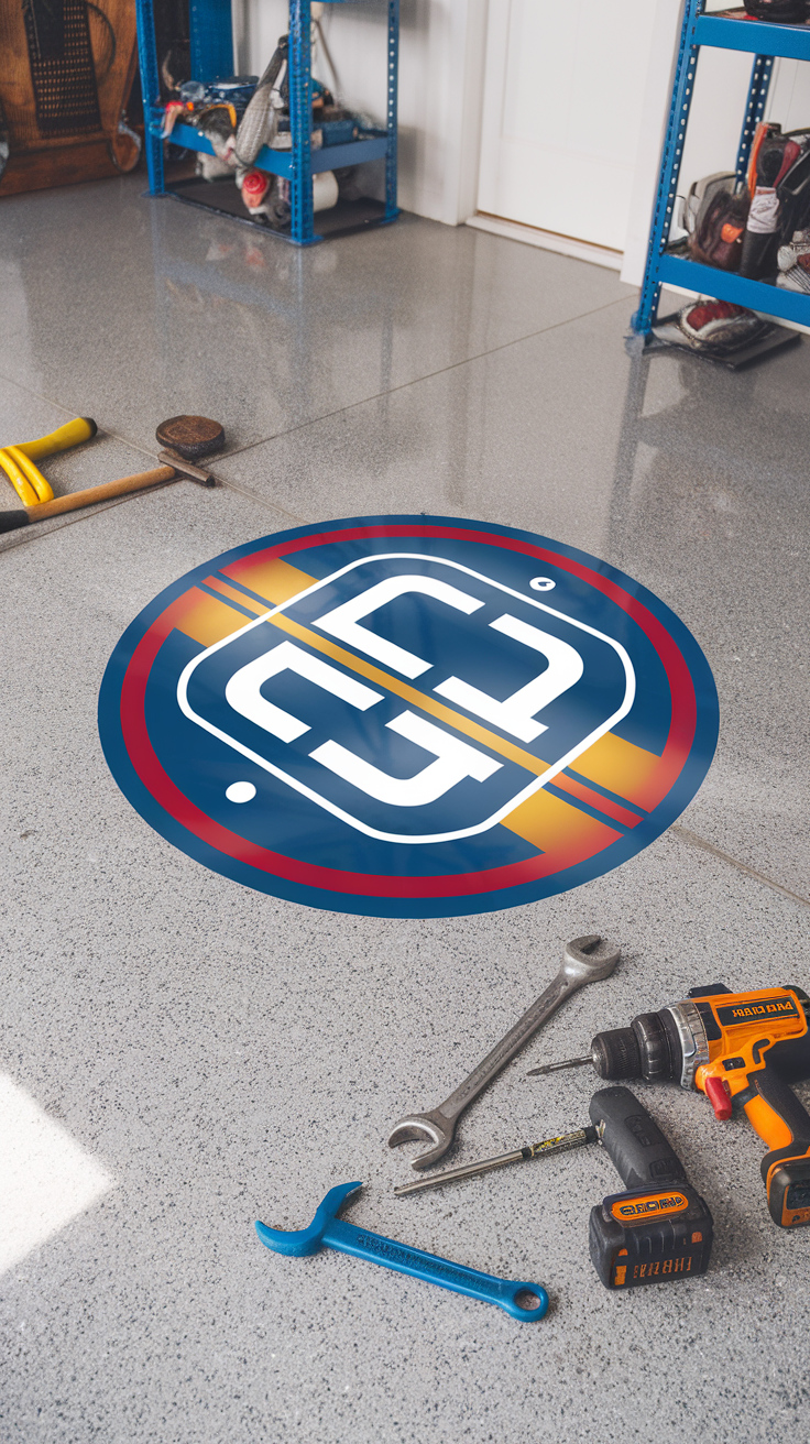 Custom logo epoxy inlay on a garage floor with tools around