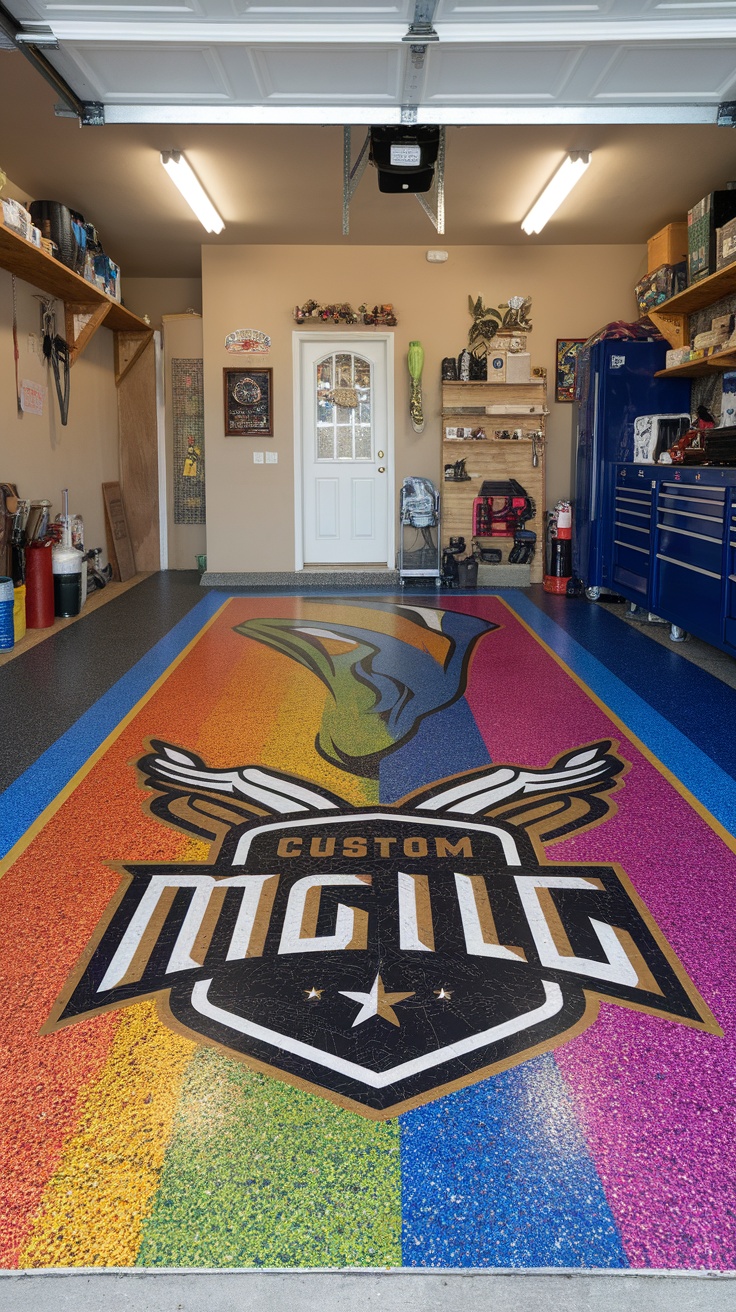 Stylish garage floor with a custom logo design in vibrant colors