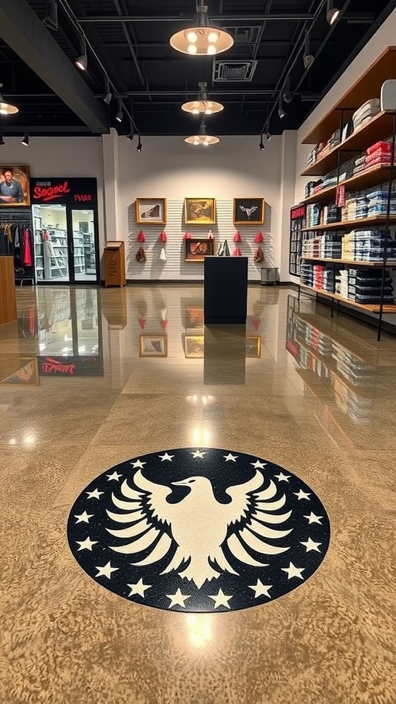 An epoxy concrete floor featuring a custom logo in a garage setting, showcasing a glossy finish.