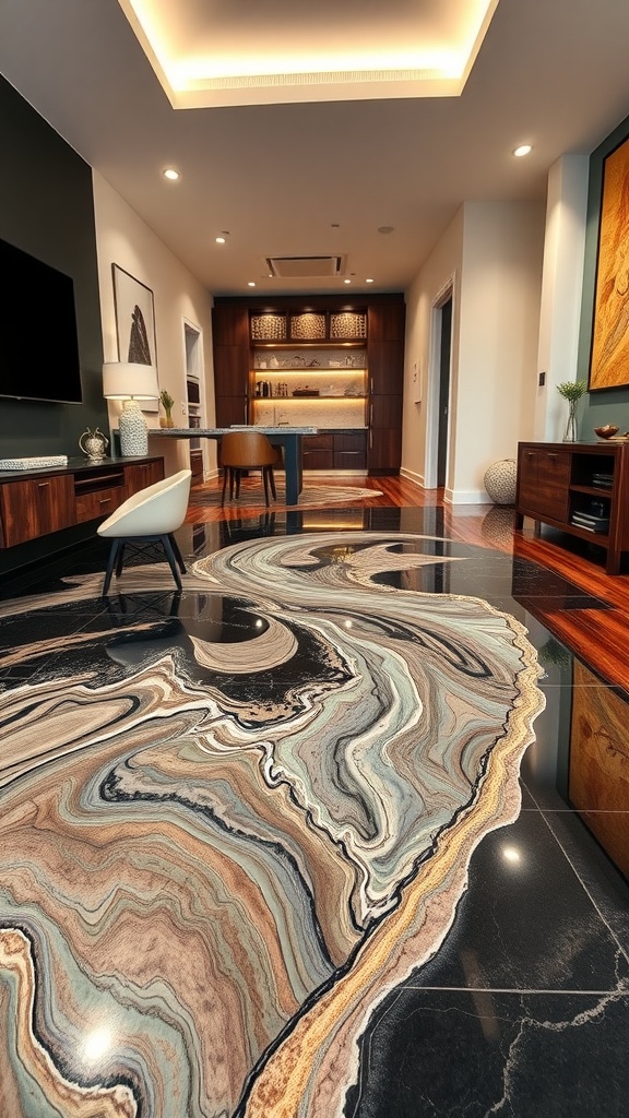 A beautifully designed resin floor with marble-inspired epoxy patterns, showcasing swirls of colors.
