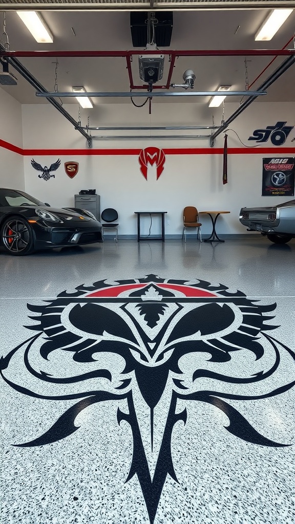 A garage floor featuring a custom black and red graphic design, with luxury cars and garage equipment in the background.