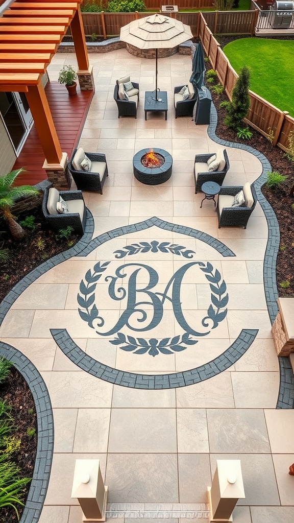 A beautifully designed stamped concrete patio featuring a custom monogram in the center, surrounded by a bold border and elegant seating area.