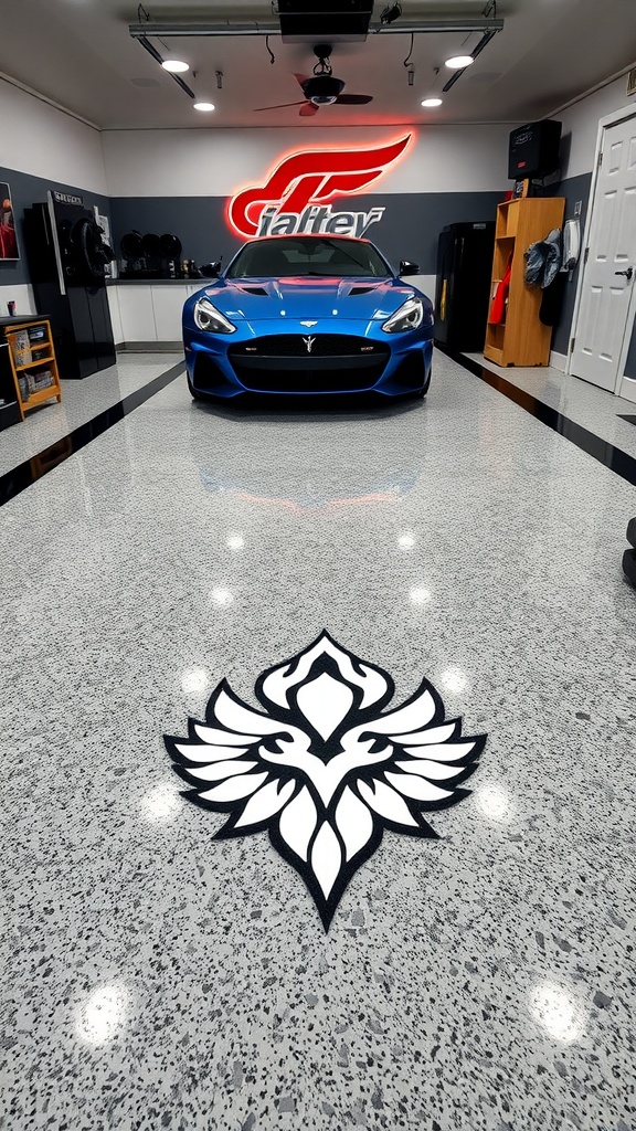 Stylish garage with custom epoxy flooring featuring a logo design.