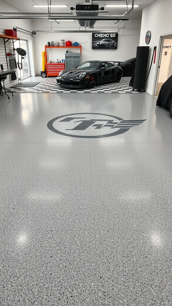 A stylish garage with an epoxy floor featuring a bold logo, showcasing a sleek car and organized workspace.