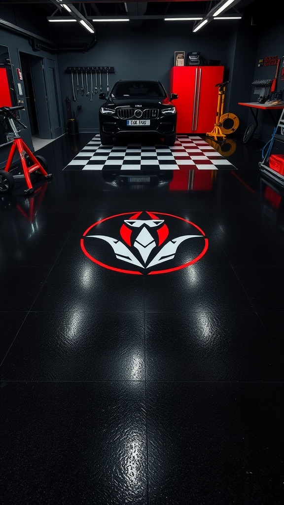 A modern garage with a black epoxy floor featuring a custom logo design.