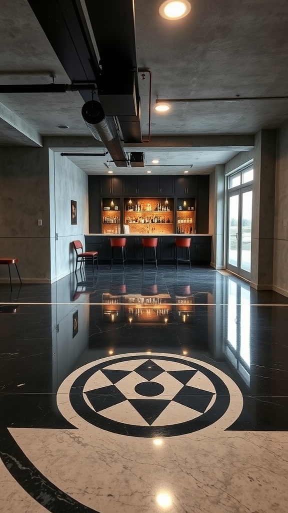 Modern basement with custom epoxy floor design featuring a bold logo and sleek bar area.