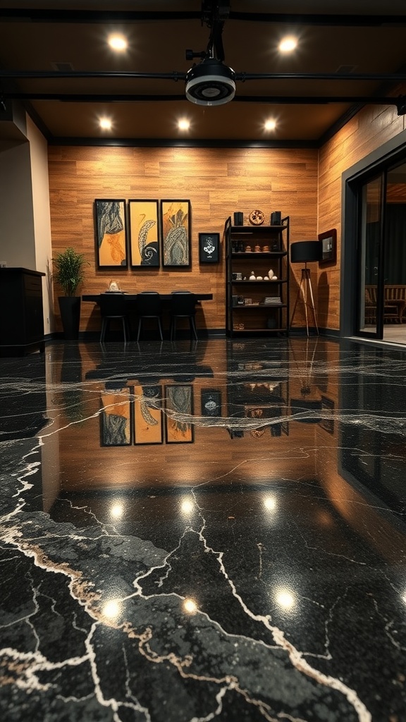Luxurious black marble epoxy floor reflecting light in a stylish interior