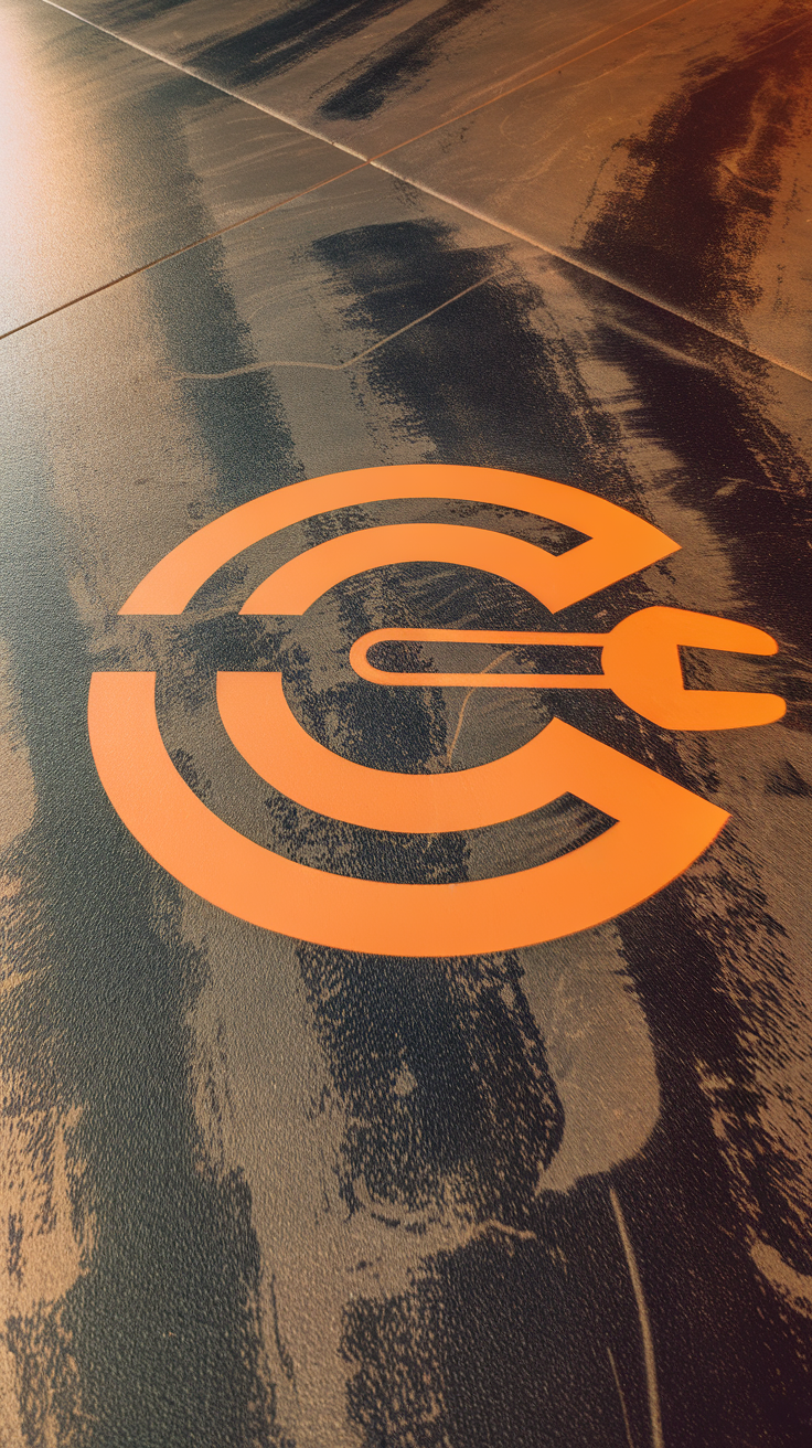 Close-up of an epoxy garage floor featuring a custom orange logo on a black surface.