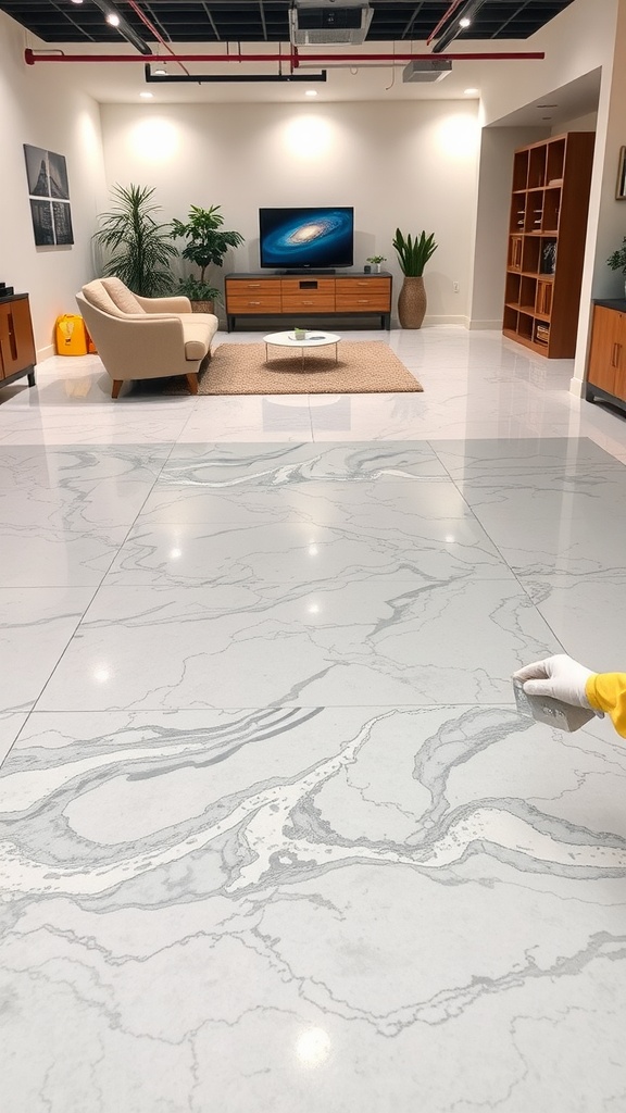 A modern living room with a stylish epoxy floor, showcasing a custom design.