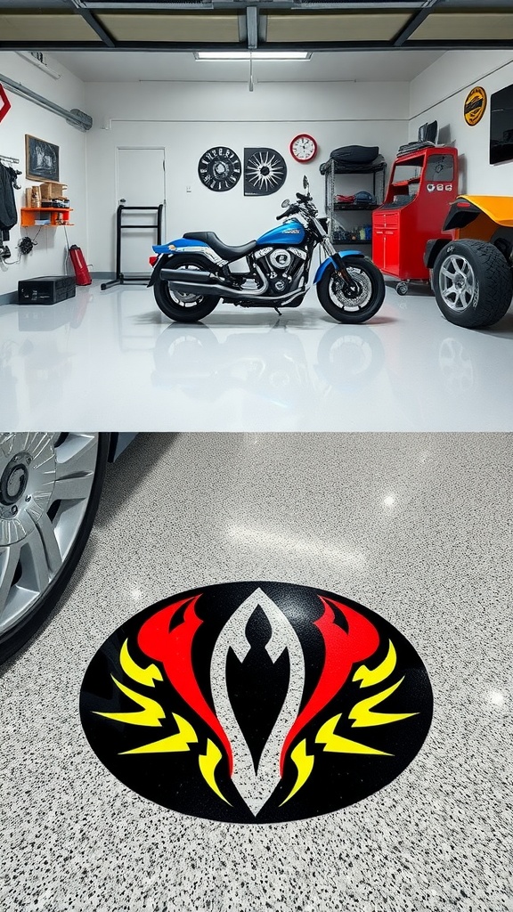 A stylish garage with a custom logo on the epoxy floor, featuring a motorcycle and sleek design.