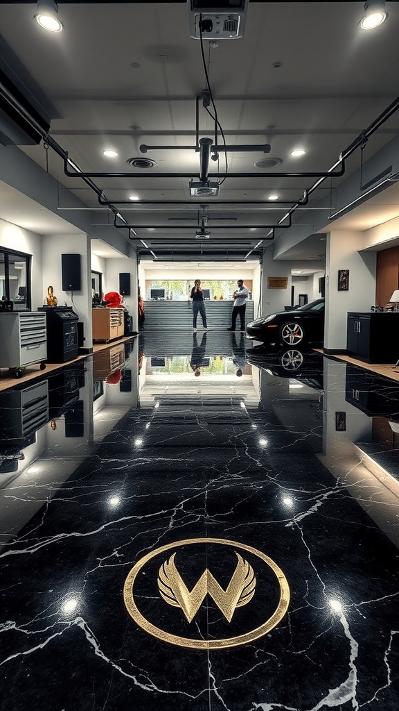 Custom logo embedded in a shiny black marble epoxy floor in a modern garage setting.